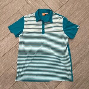 Puma Men's Teal and White Striped Polo Shirt